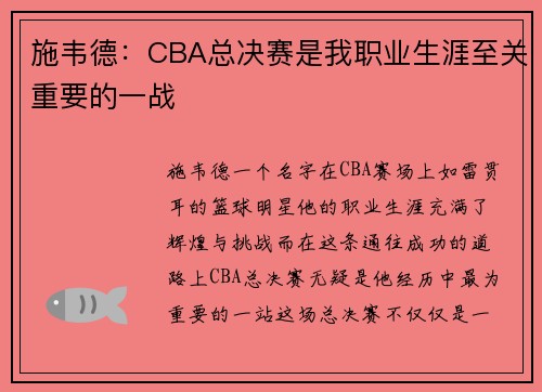 施韦德：CBA总决赛是我职业生涯至关重要的一战